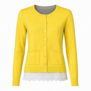 Cabi Love Carol Yellow Gray Lace Hem Mixed Media Cardigan Sweater Women's M